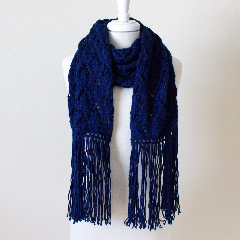 Hand Knit Boho Fringe Scarf for Women, Lace Knit Thick Soft Scarf Fall Winter